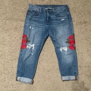 Levi's Blue Cropped Jeans with Red Floral Embroidery